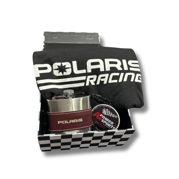 Gift Bundle Men's Polaris Racing T-Shirt Medium, Polaris Whiskey Flask with Leather Band Gift Box